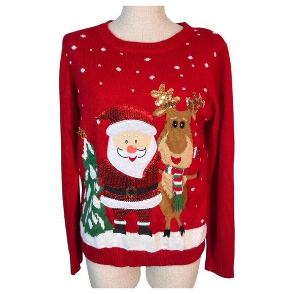 Women Karen Scott Red Christmas Sweater Santa Reindeer Sequin Size Large Holiday - Picture 2 of 6